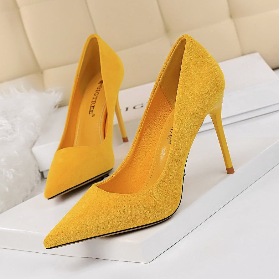 Seductive Silhouette: Suede Pointed Shallow Mouth High Heels
