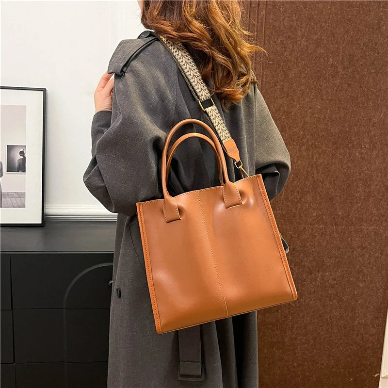 Black Tote Bag For Women Fashion Wide Strap Shoulder Handbag High Quality Pu Leather Bag Coffee Brown Female Brand Commute Bag