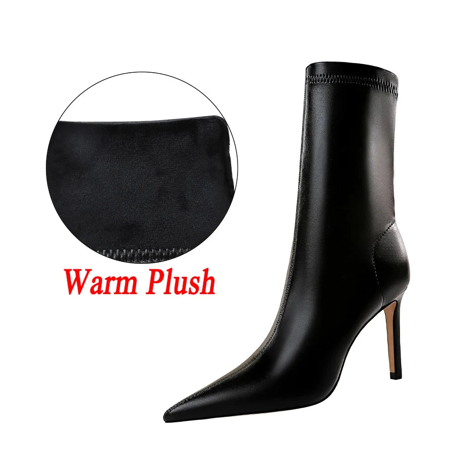 Women’s Pointed Toe Leather Winter Boots | Plush Warm Short High Heel Boots
