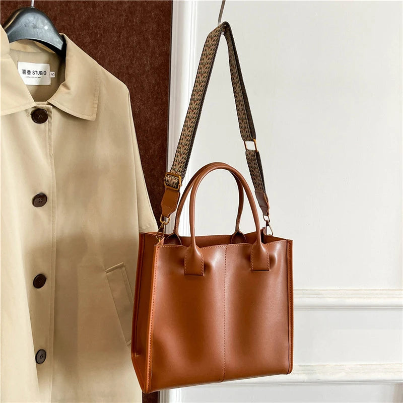 High-Quality PU Leather Wide Strap Tote Bag