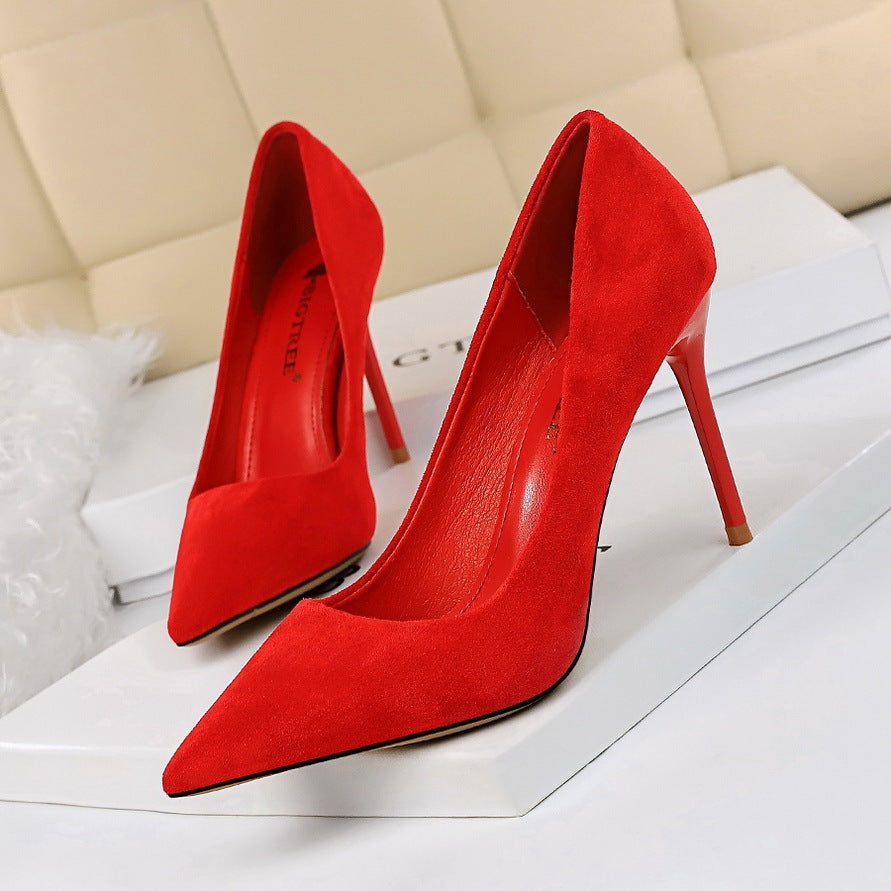 Seductive Silhouette: Suede Pointed Shallow Mouth High Heels