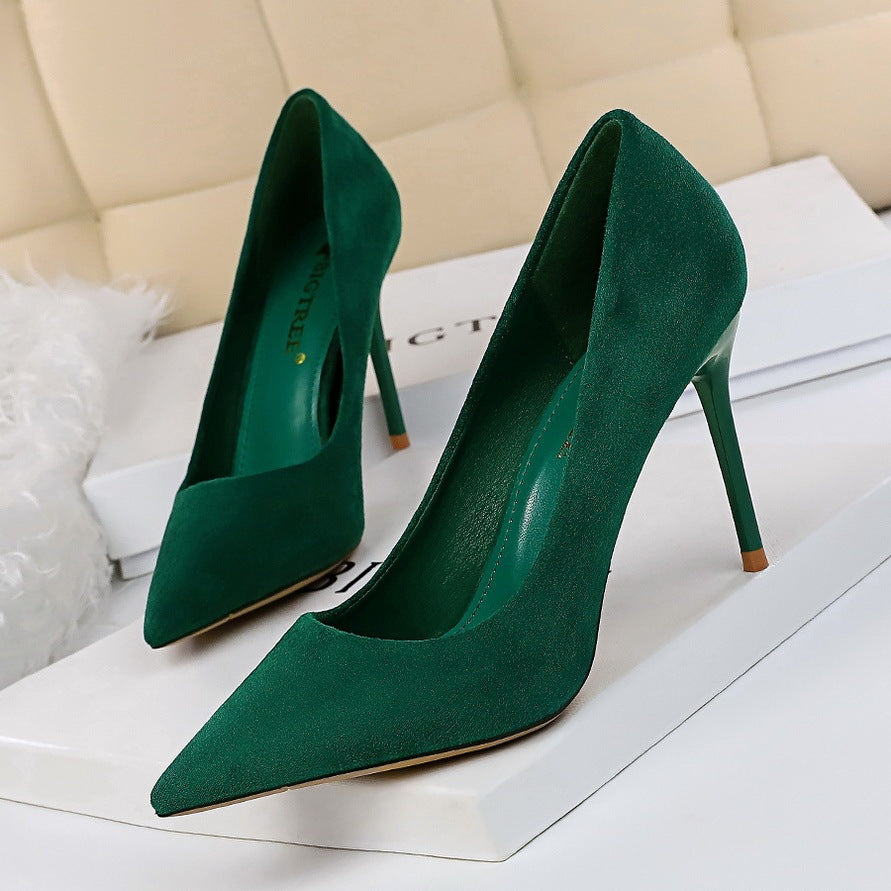 Seductive Silhouette: Suede Pointed Shallow Mouth High Heels