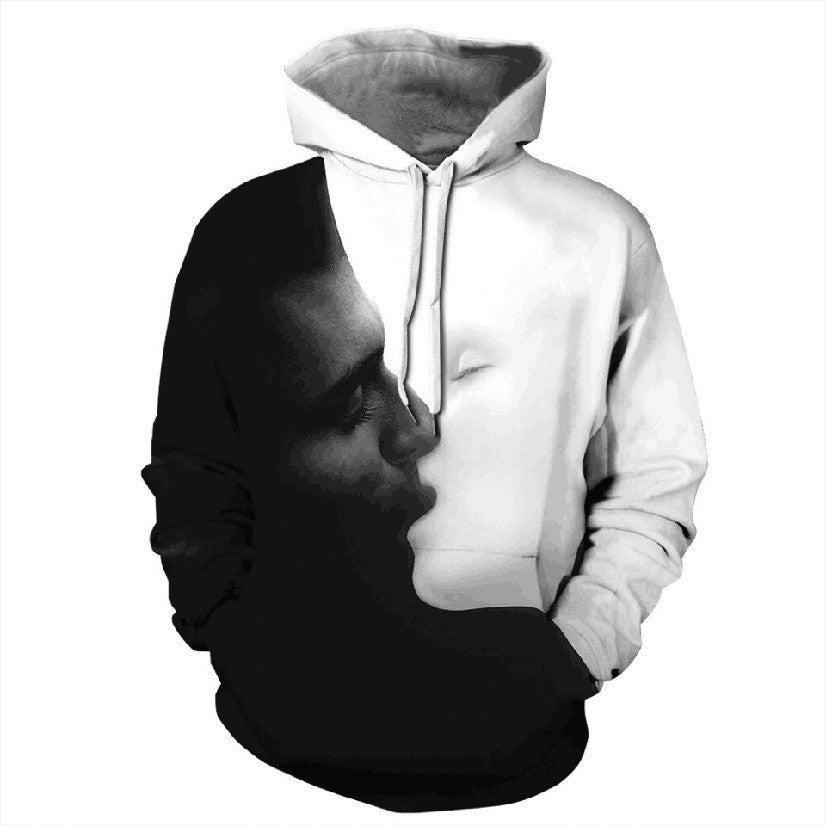 3D Contrast Couple Hooded Sweater | B&W Digital Hoodie
