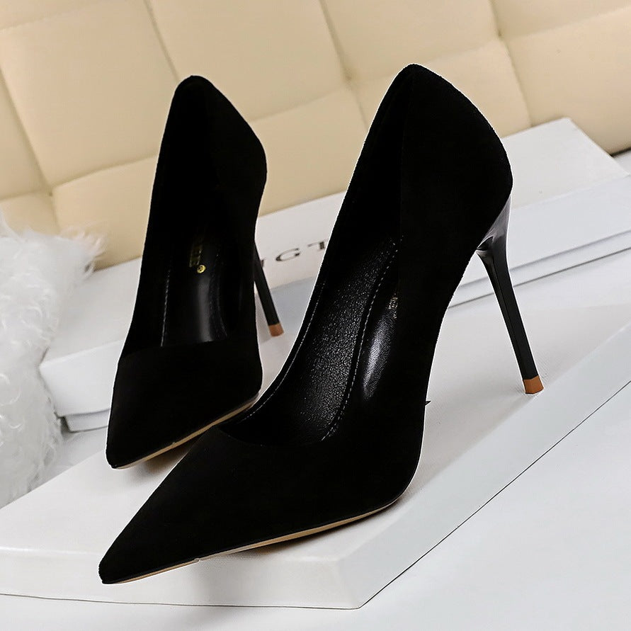 Seductive Silhouette: Suede Pointed Shallow Mouth High Heels