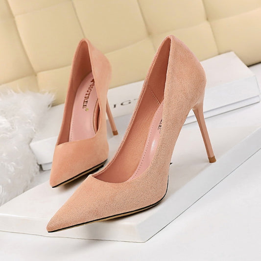 Seductive Silhouette: Suede Pointed Shallow Mouth High Heels