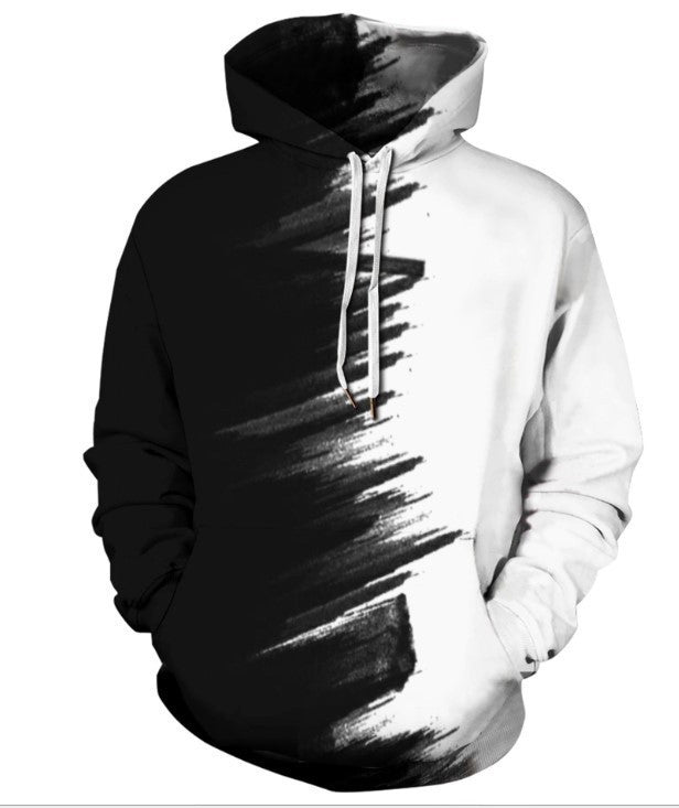3D Contrast Couple Hooded Sweater | B&W Digital Hoodie