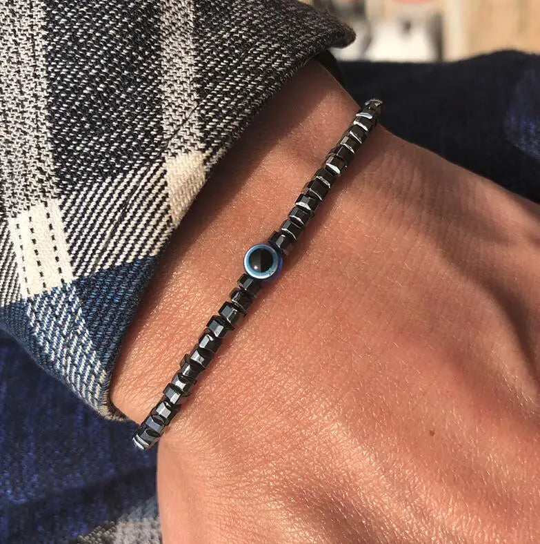 Men's Natural Stone Elastic Bracelet with Evil Eye