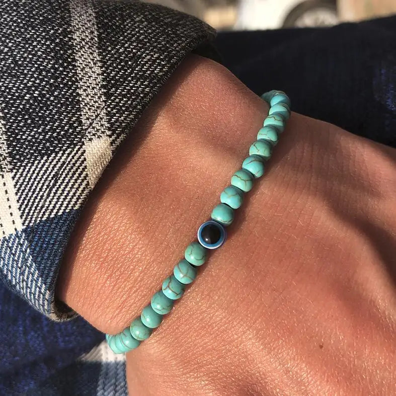 Men's Natural Stone Elastic Bracelet with Evil Eye