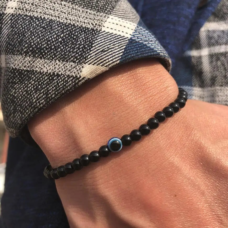 Men's Natural Stone Elastic Bracelet with Evil Eye