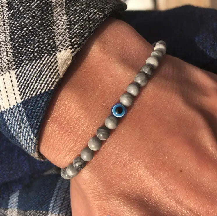 Men's Natural Stone Elastic Bracelet with Evil Eye