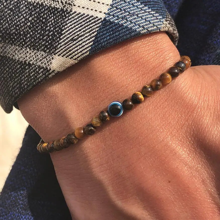 Men's Natural Stone Elastic Bracelet with Evil Eye