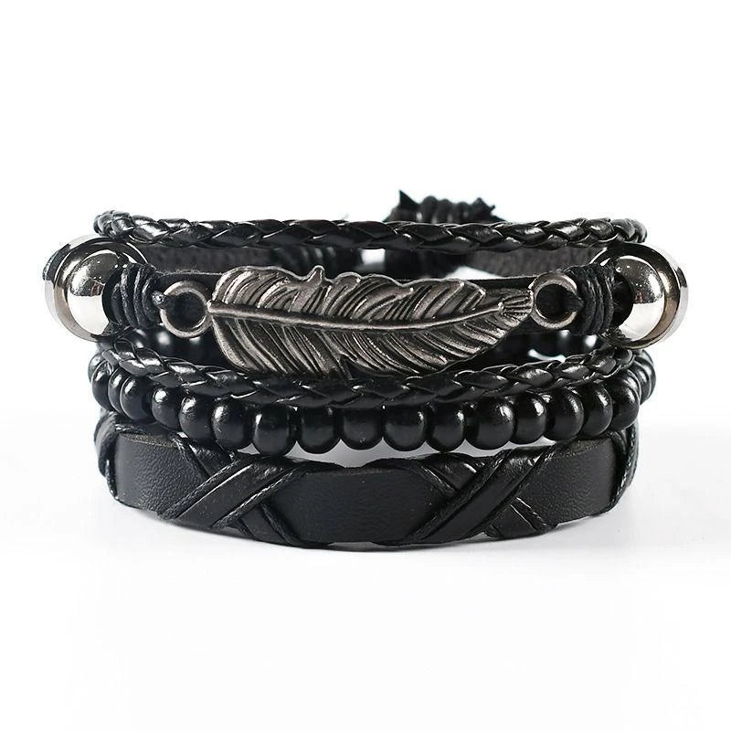 4Pcs/ Set Braided Wrap Leather Bracelets For Men Vintage Life Tree Rudder Charm Wood Beads Ethnic Tribal Wristbands