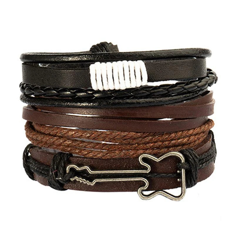 4Pcs/ Set Braided Wrap Leather Bracelets For Men Vintage Life Tree Rudder Charm Wood Beads Ethnic Tribal Wristbands