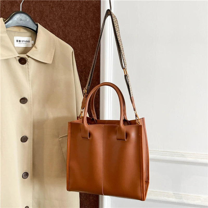 Black Tote Bag For Women Fashion Wide Strap Shoulder Handbag High Quality Pu Leather Bag Coffee Brown Female Brand Commute Bag