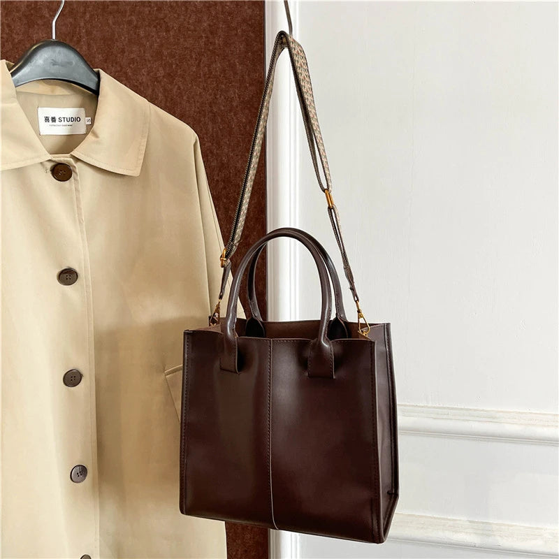 Black Tote Bag For Women Fashion Wide Strap Shoulder Handbag High Quality Pu Leather Bag Coffee Brown Female Brand Commute Bag