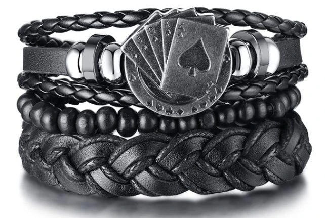 4Pcs/ Set Braided Wrap Leather Bracelets For Men Vintage Life Tree Rudder Charm Wood Beads Ethnic Tribal Wristbands