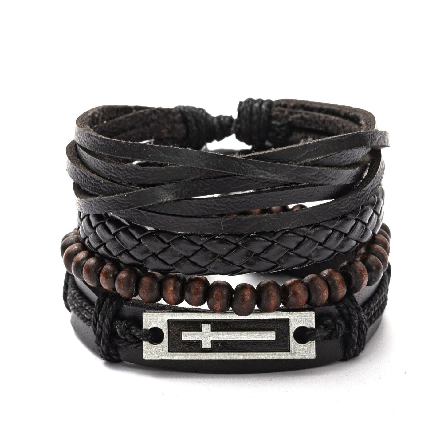 4Pcs/ Set Braided Wrap Leather Bracelets For Men Vintage Life Tree Rudder Charm Wood Beads Ethnic Tribal Wristbands