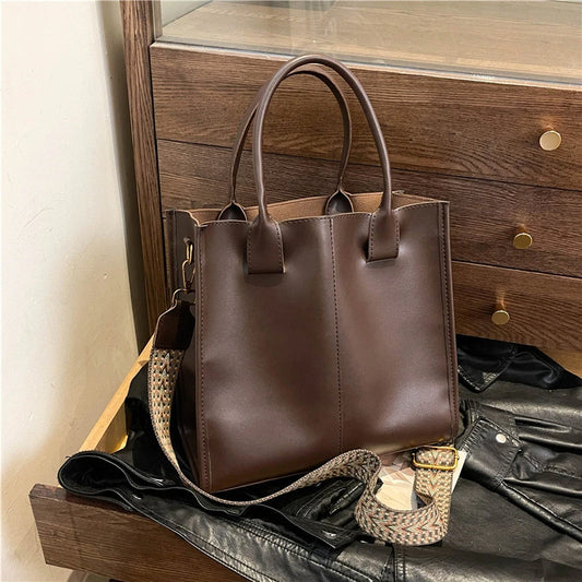 Black Tote Bag For Women Fashion Wide Strap Shoulder Handbag High Quality Pu Leather Bag Coffee Brown Female Brand Commute Bag