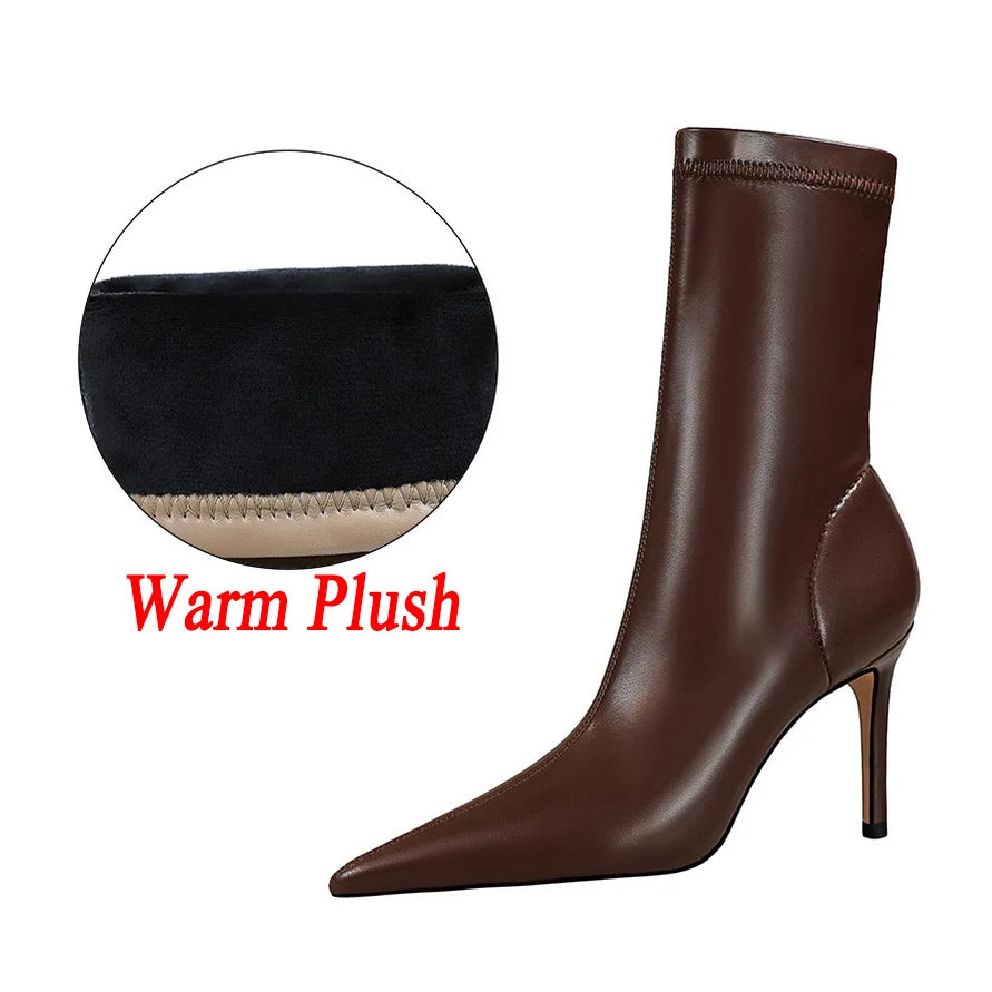 Women’s Pointed Toe Leather Winter Boots | Plush Warm Short High Heel Boots
