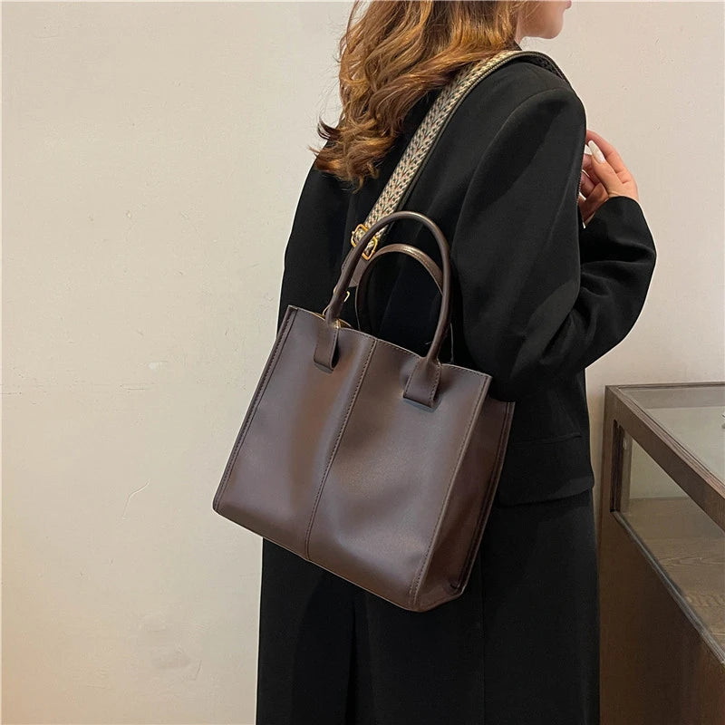 Black Tote Bag For Women Fashion Wide Strap Shoulder Handbag High Quality Pu Leather Bag Coffee Brown Female Brand Commute Bag