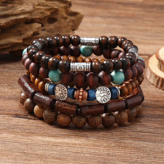 Handmade Bohemian Wooden Bracelet with Charm Accents
