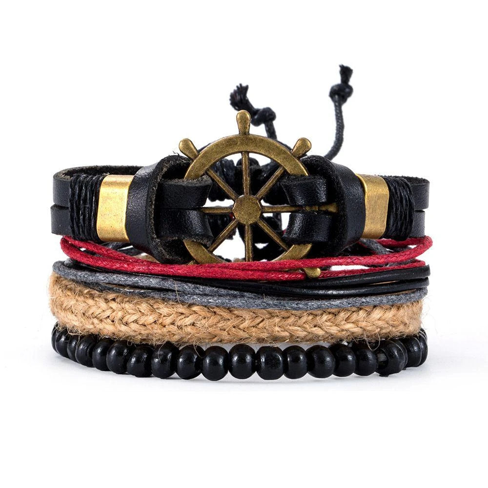 4Pcs/ Set Braided Wrap Leather Bracelets For Men Vintage Life Tree Rudder Charm Wood Beads Ethnic Tribal Wristbands