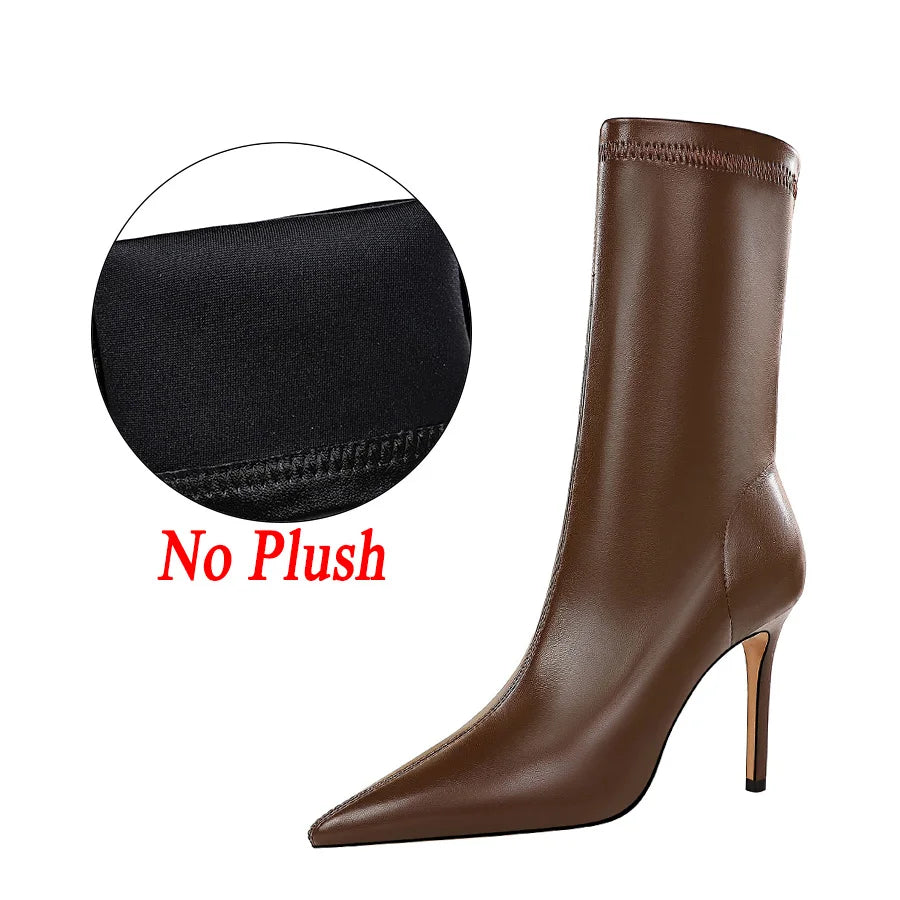 Women’s Pointed Toe Leather Winter Boots | Plush Warm Short High Heel Boots