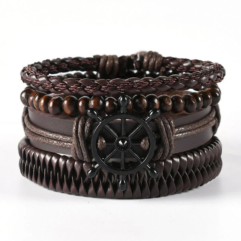 4Pcs/ Set Braided Wrap Leather Bracelets For Men Vintage Life Tree Rudder Charm Wood Beads Ethnic Tribal Wristbands