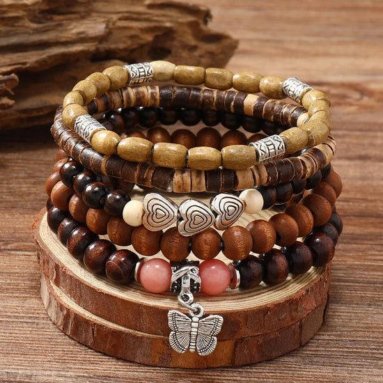 Handmade Bohemian Wooden Bracelet with Charm Accents