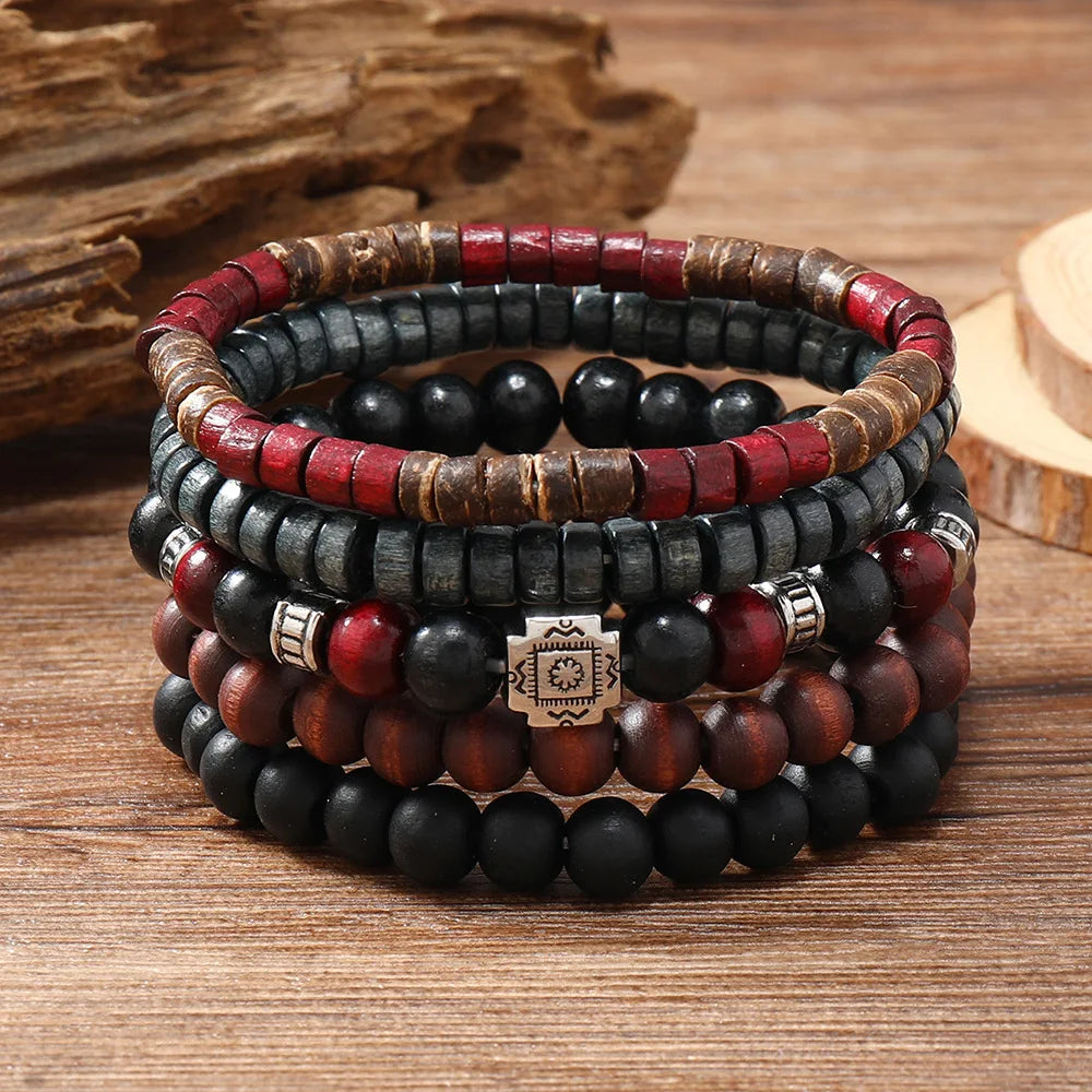 Handmade Bohemian Wooden Bracelet with Charm Accents