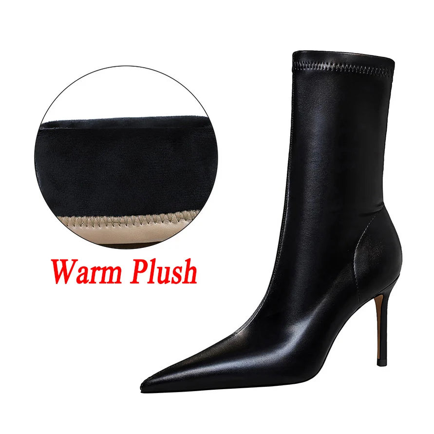 Women’s Pointed Toe Leather Winter Boots | Plush Warm Short High Heel Boots