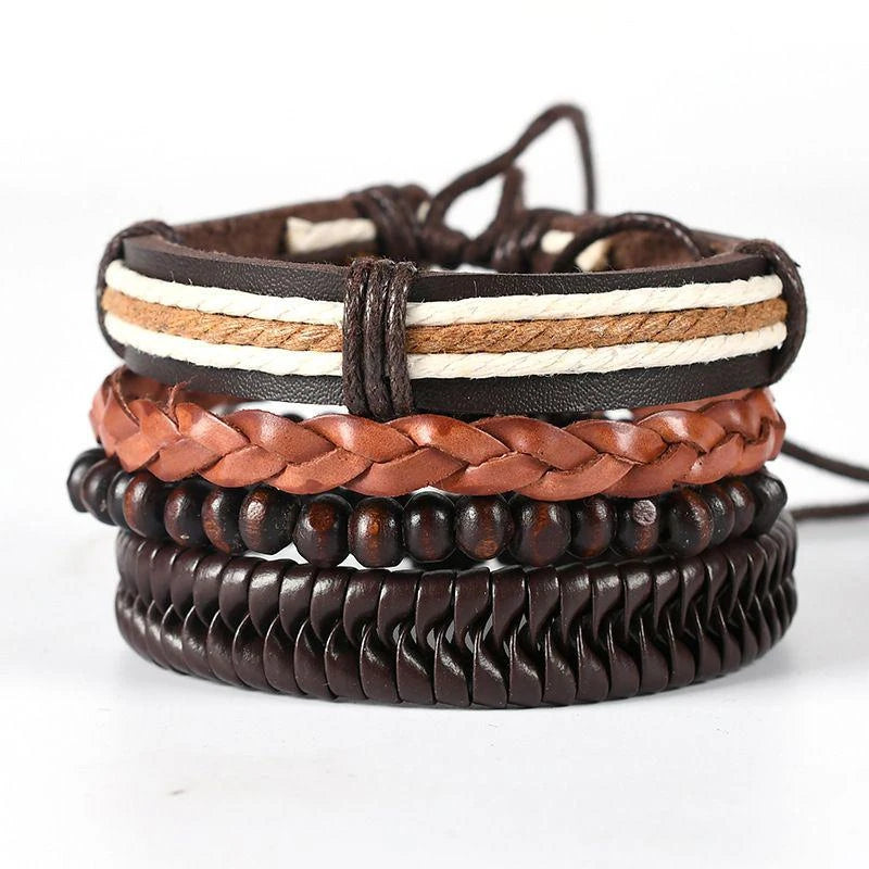 4Pcs/ Set Braided Wrap Leather Bracelets For Men Vintage Life Tree Rudder Charm Wood Beads Ethnic Tribal Wristbands