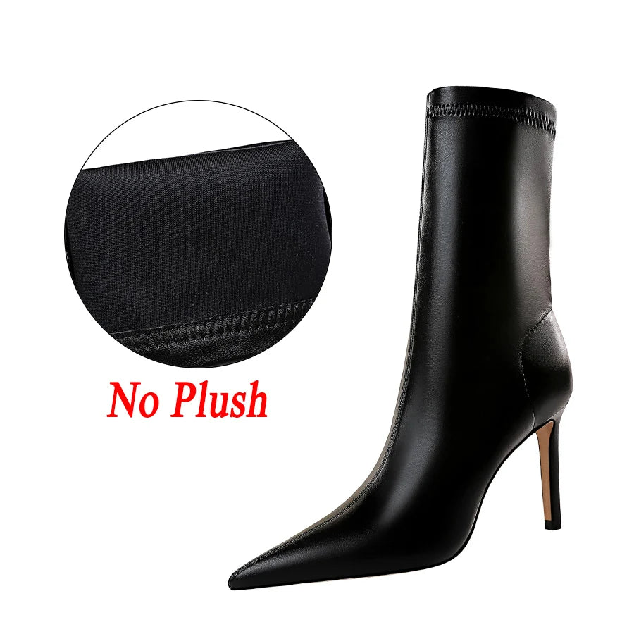 Women’s Pointed Toe Leather Winter Boots | Plush Warm Short High Heel Boots