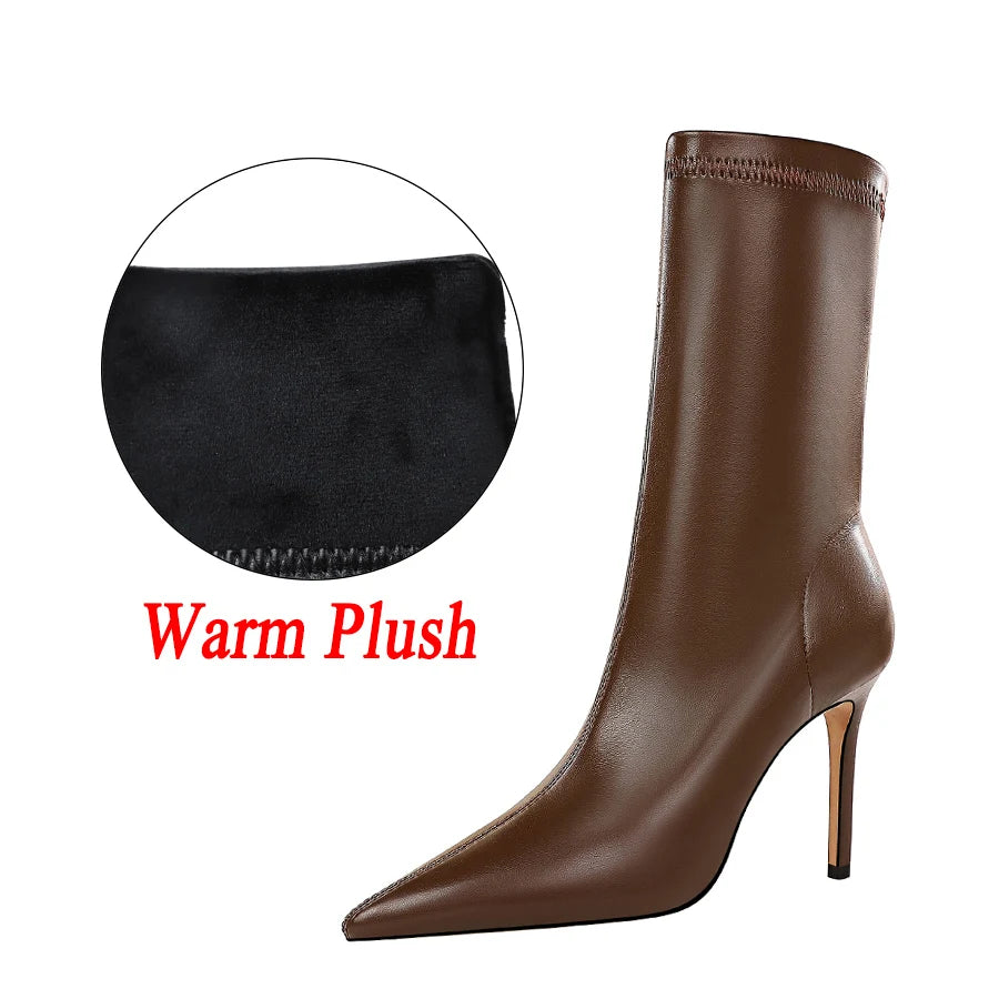 Women’s Pointed Toe Leather Winter Boots | Plush Warm Short High Heel Boots