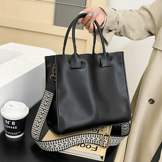 High-Quality PU Leather Wide Strap Tote Bag