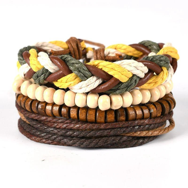 4Pcs/ Set Braided Wrap Leather Bracelets For Men Vintage Life Tree Rudder Charm Wood Beads Ethnic Tribal Wristbands