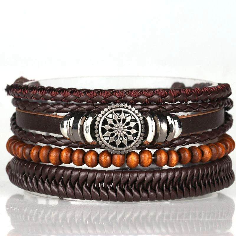4Pcs/ Set Braided Wrap Leather Bracelets For Men Vintage Life Tree Rudder Charm Wood Beads Ethnic Tribal Wristbands