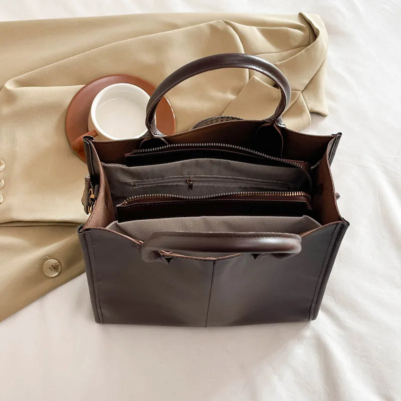 Black Tote Bag For Women Fashion Wide Strap Shoulder Handbag High Quality Pu Leather Bag Coffee Brown Female Brand Commute Bag