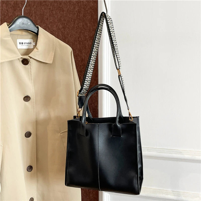 Black Tote Bag For Women Fashion Wide Strap Shoulder Handbag High Quality Pu Leather Bag Coffee Brown Female Brand Commute Bag