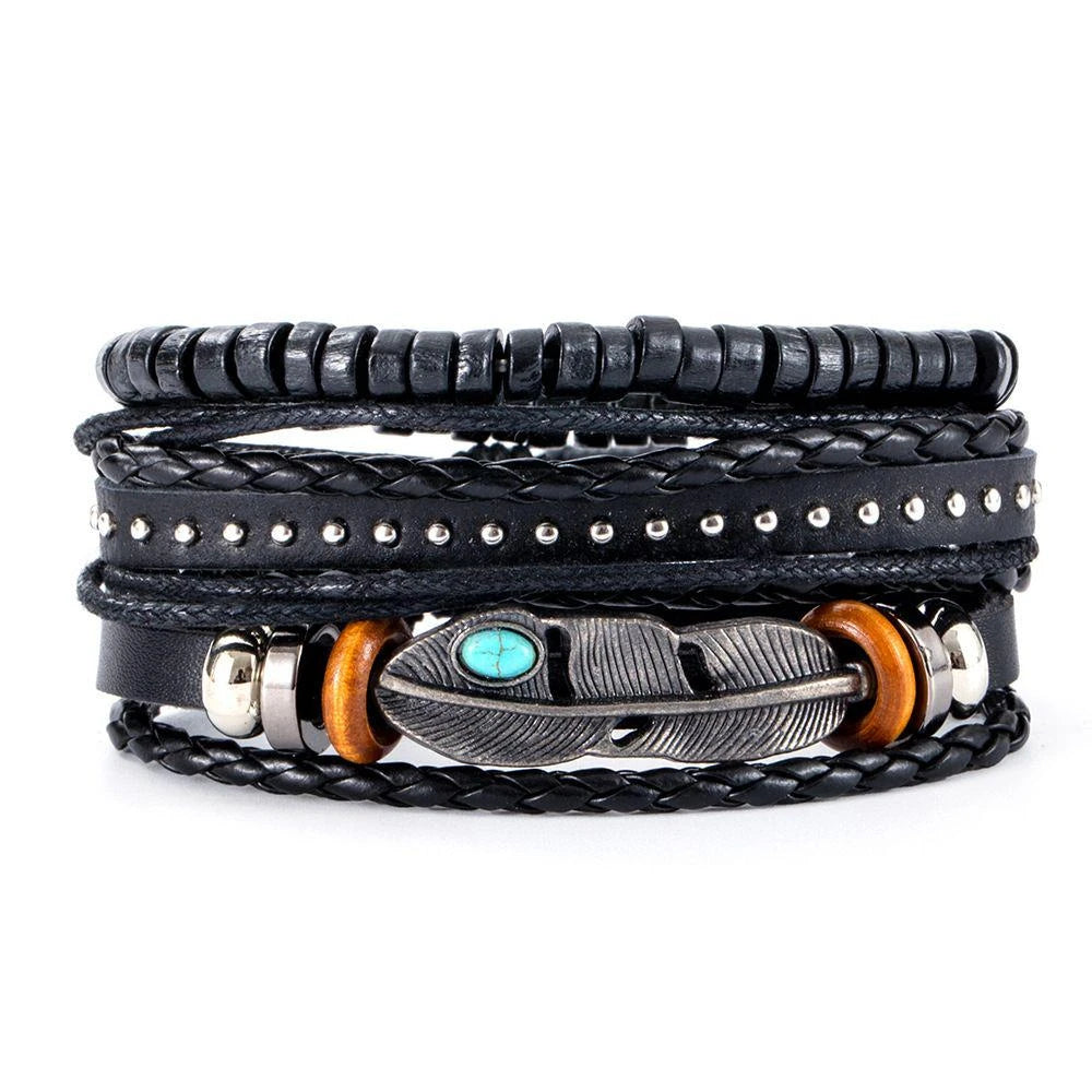 4Pcs/ Set Braided Wrap Leather Bracelets For Men Vintage Life Tree Rudder Charm Wood Beads Ethnic Tribal Wristbands