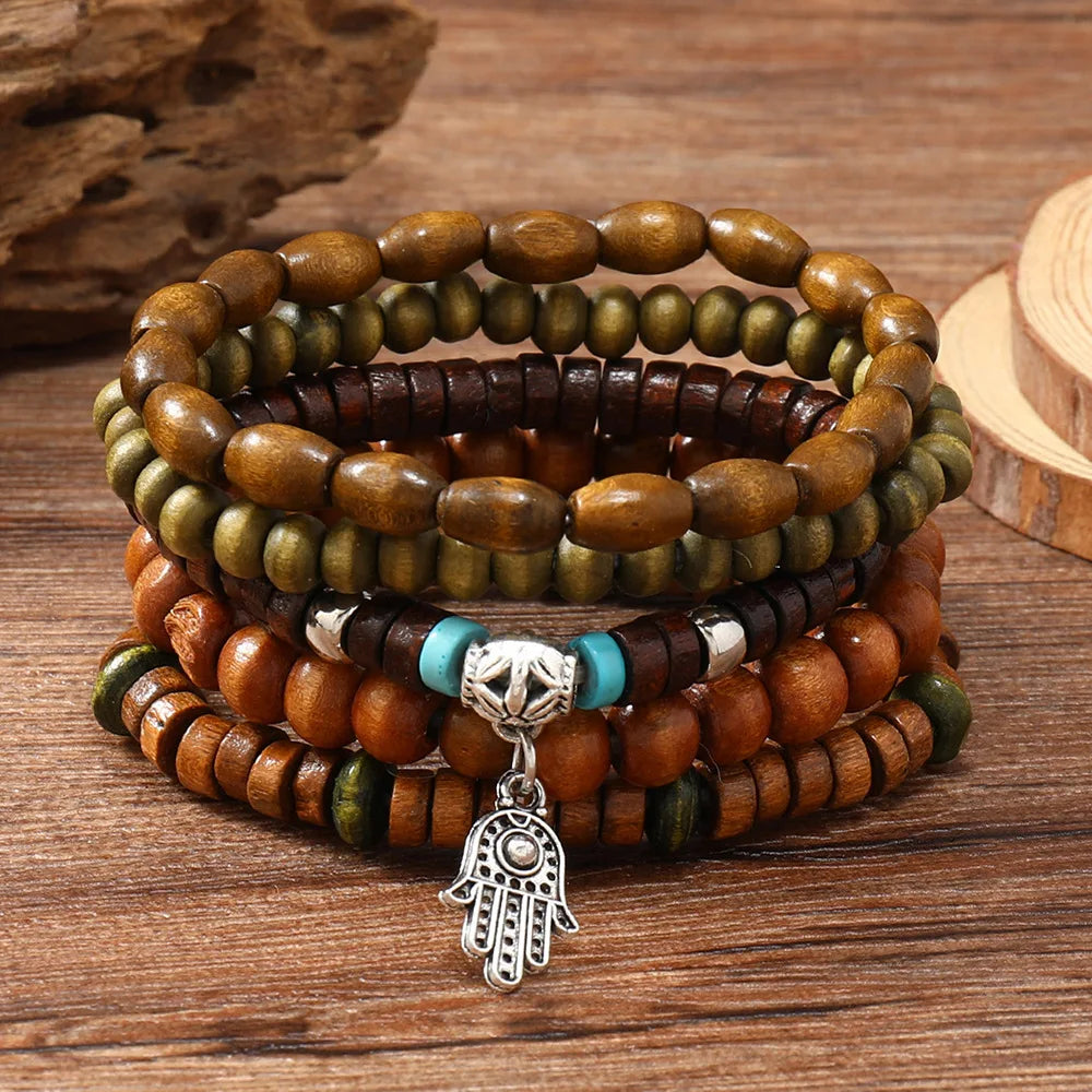Handmade Bohemian Wooden Bracelet with Charm Accents