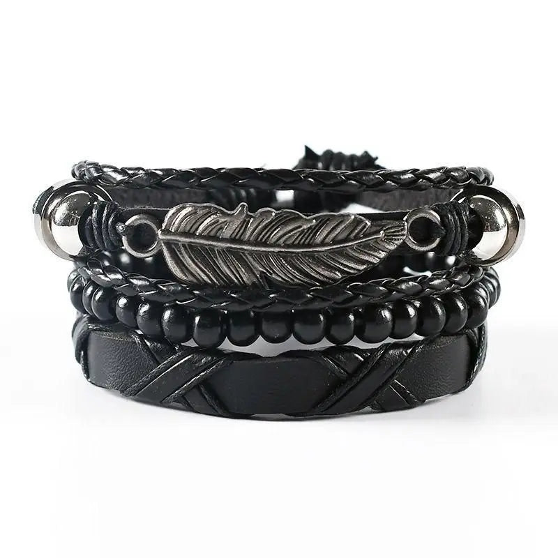 4Pcs/ Set Braided Wrap Leather Bracelets For Men Vintage Life Tree Rudder Charm Wood Beads Ethnic Tribal Wristbands