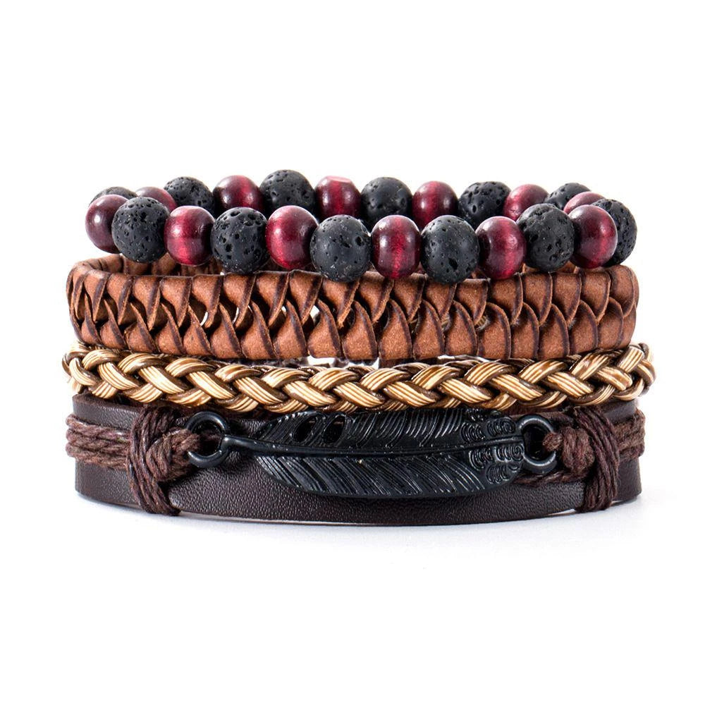4Pcs/ Set Braided Wrap Leather Bracelets For Men Vintage Life Tree Rudder Charm Wood Beads Ethnic Tribal Wristbands