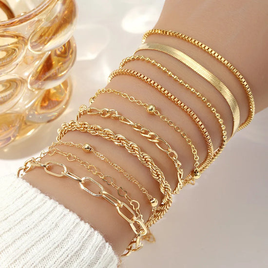 Vintage Statement 10-Pc Gold Bracelet Stack | Summer Boho Flat Snake & Box Chains
