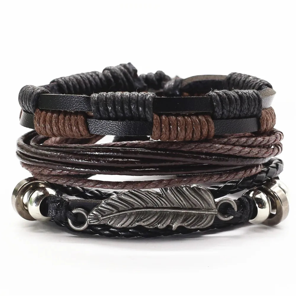 WESTBULL 3-Piece Multi-Layer Leather Bracelet Set for Men