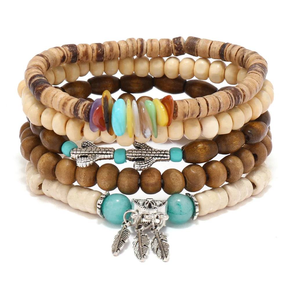 Handmade Bohemian Wooden Bracelet with Charm Accents