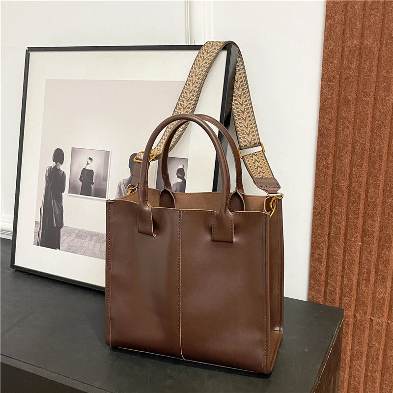 Black Tote Bag For Women Fashion Wide Strap Shoulder Handbag High Quality Pu Leather Bag Coffee Brown Female Brand Commute Bag