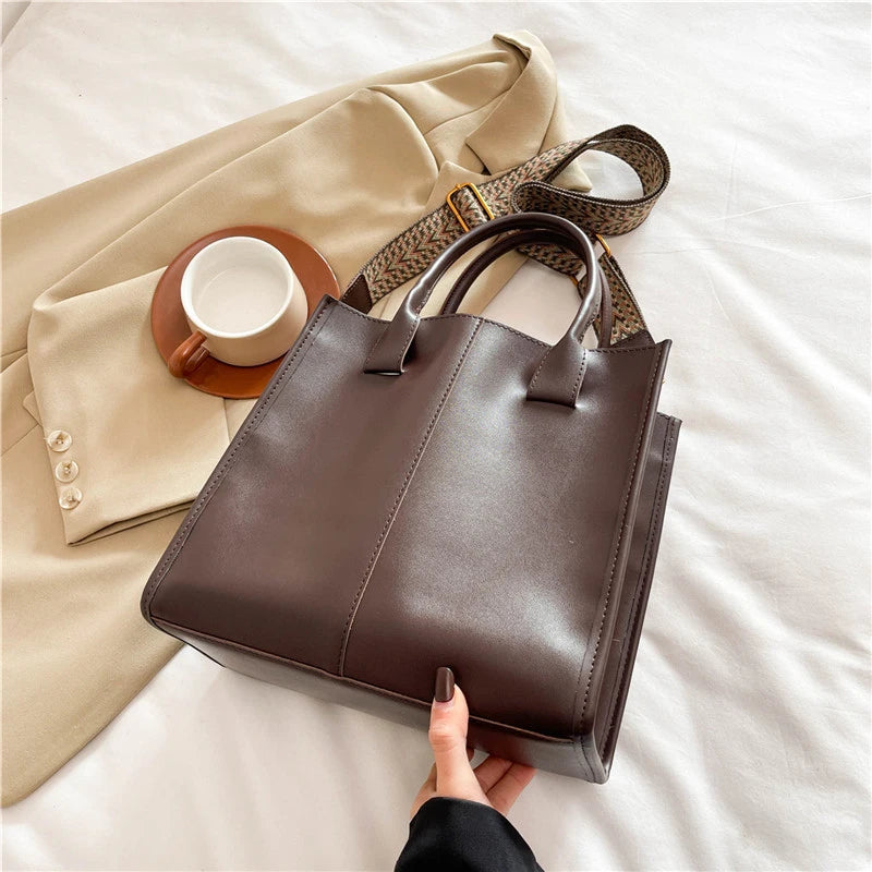 Black Tote Bag For Women Fashion Wide Strap Shoulder Handbag High Quality Pu Leather Bag Coffee Brown Female Brand Commute Bag