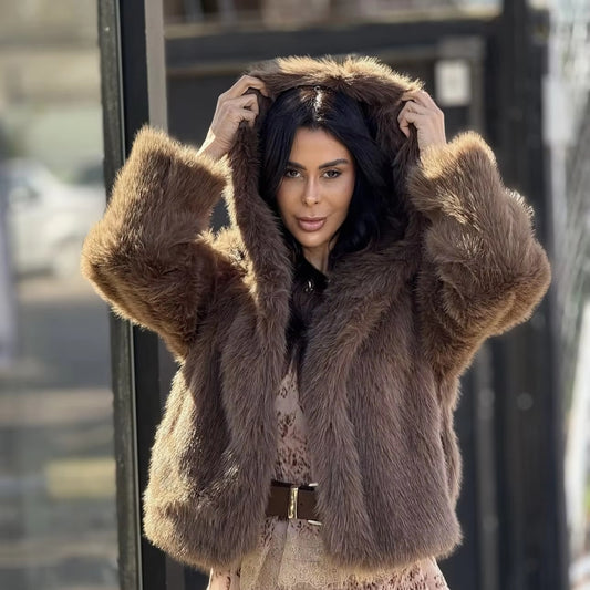 Women’s Oversized Faux Fox Fur Hooded Jacket | Eco-Friendly Winter Coat