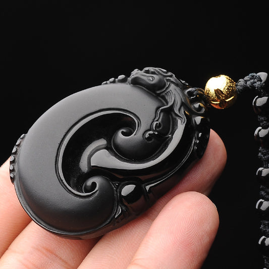 Natural Obsidian Frosted Pi Xiu Pendant Men's And Women's Necklaces
